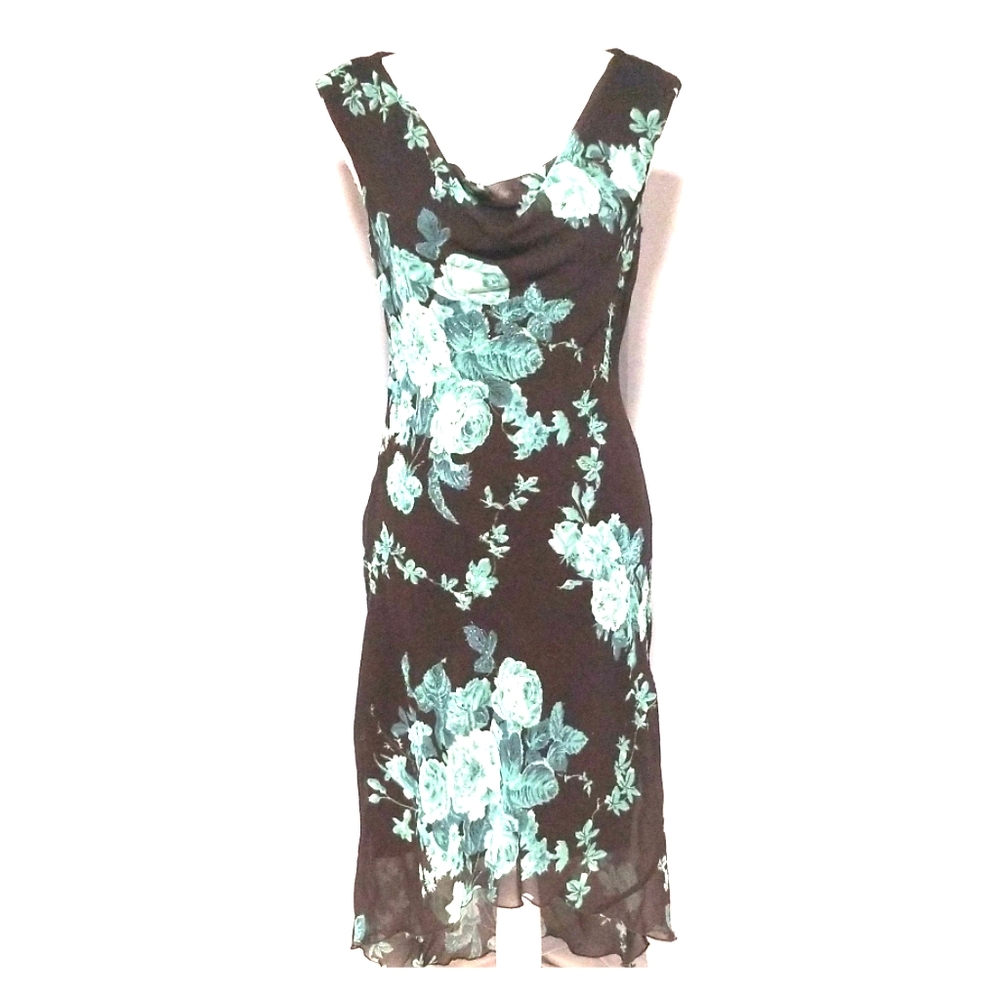 Women Size M Green Black Floral Sleeveless Dress